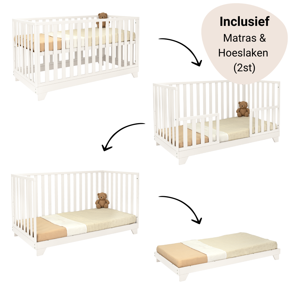 Set | Meegroei Ledikant Colorfull Home Lois V2 Pure White + Matras ABZ Airflow Pro + Hoeslaken Meyco Wit (2st)
